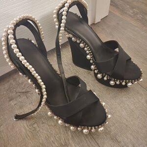 Elegant Black Pearl-Embellished Women's Heels